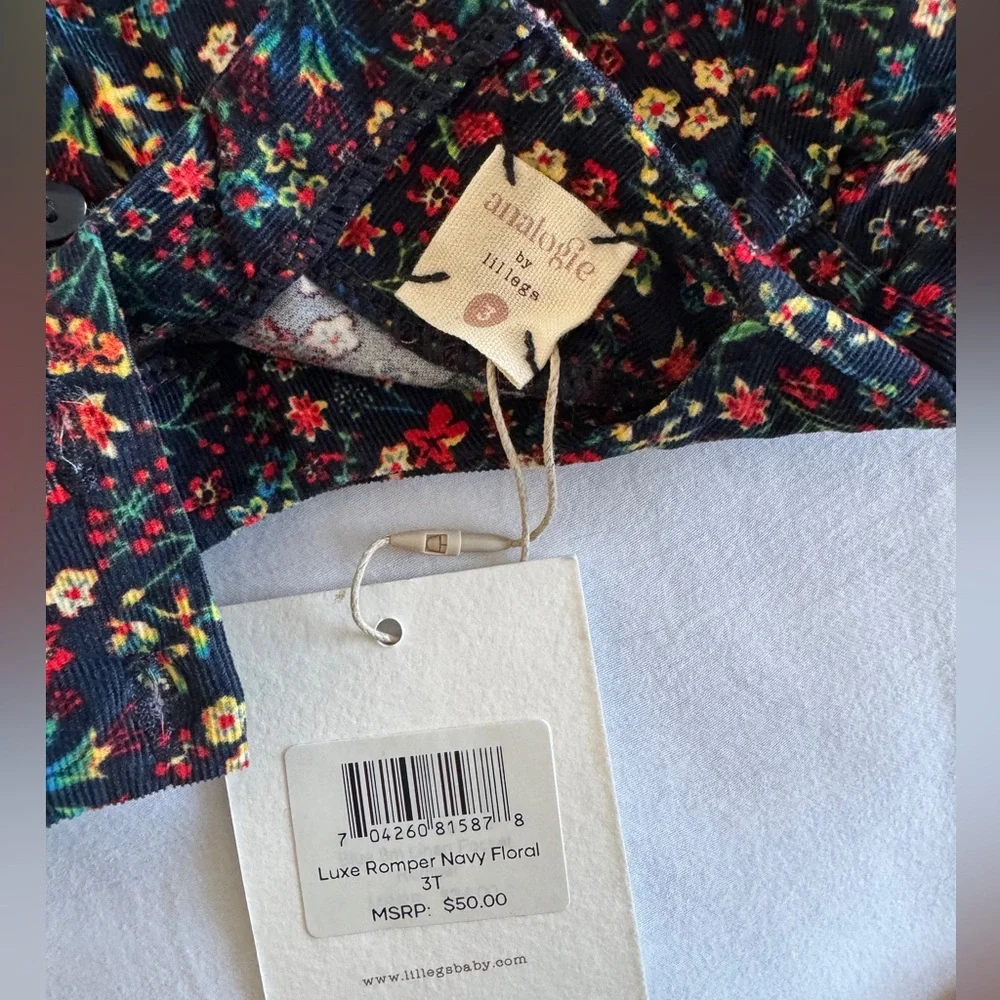 NWT Analogie by Lil Legs Luxe Navy Floral Corduroy Romper Sz 2-3 Holiday Outfit